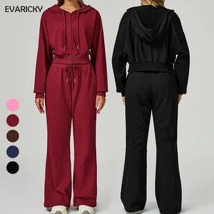 Custom Outdoor Casual Activewear Side Pocket Design Womens Jogger Pants Sweatpants and Zip Hoodie Set with Cropped Hoodie