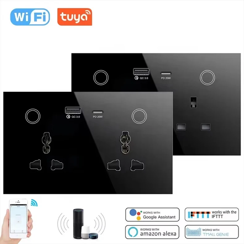 Tuya Smart Wifi Socket Plug Usb Type-c 13A Glass Panel Wall Socket Double  Smart Power Universal Sockets 110V 220V