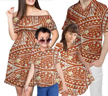 Summer Polynesian Printing 4Pcs Set Mom/Daughter Club Dress With Shorts Sleeve Match Dad &Son Shirts Family Matching Clothes