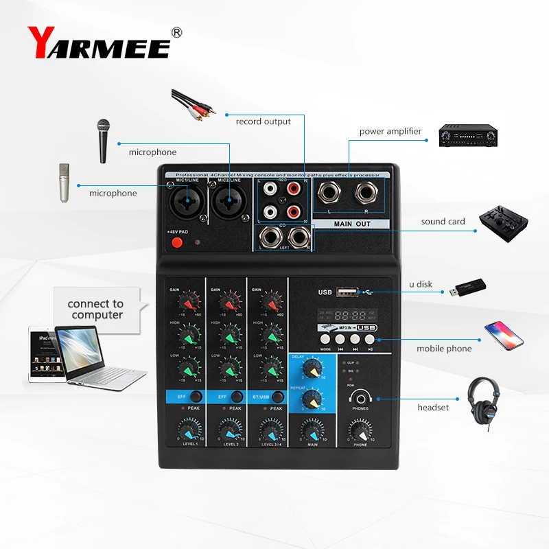 4 Channels Portable Audio Mixer Sound Mixing Computer Playback 48V Phantom Audio Mixer OM03
