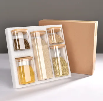 5PCS high borosilicate glass made Square Seasoning Storage Containers Glass Jar With Bamboo Lid