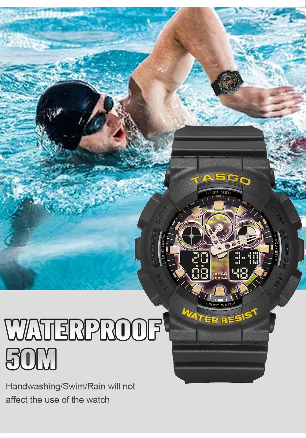 Multi-Functional Outdoor Electronic Digital Watch for Running Swimming Glow-in-the-Dark Feature Calendar Plastic Rubber