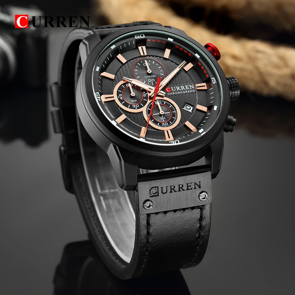 Curren 8291 Quartz Watch Men Leather Strap Sport Casual Watch Multifunction Dial Wristwatch Waterproof Date Watch for Male