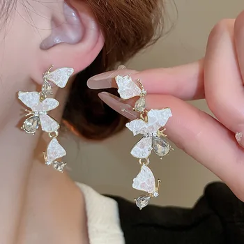 Silver Needle Diamond Butterfly Crystal Tassel Sweet Girl Heart Versatile Popular Wholesale Stud Earrings for Woman