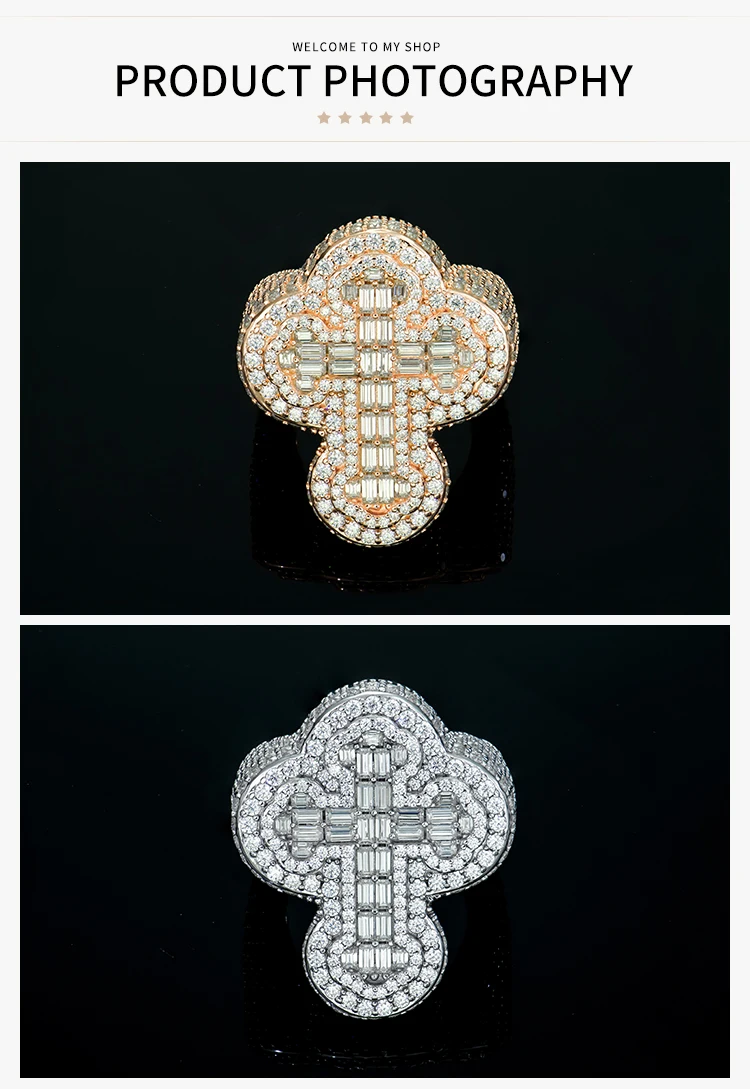 Wholesale mens women iced out hip hop luxury gold plated 925 silver fine jewelry cross gra mossanite moissanite diamond rings