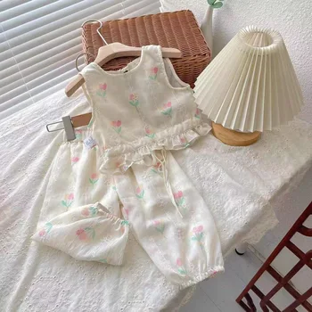 Girls' summer suits fashionable children's clothing fashion baby top+pant two-piece set summer