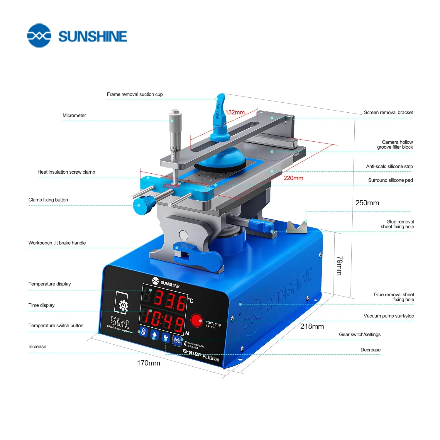 SUNSHINE S-918F Plus V2.0 Silent Vacuum Screen Separator Machine Temperature Control Heating LCD Removal Tool for Phone Repair