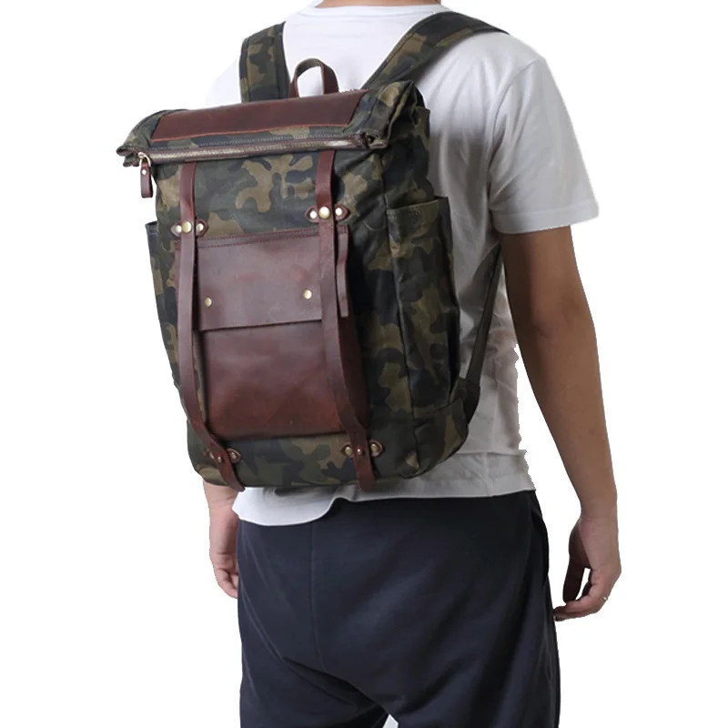 mens oil wax canvas with leather school backpack hiking  waterproof backpack multifunction laptop rucksack