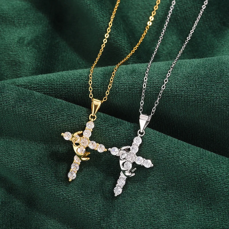 Rotating Dainty S925 Sterling Silver Cross Crown Pendant Charm Clavicle Chain Zircon Fine Jewelry Necklace for Women