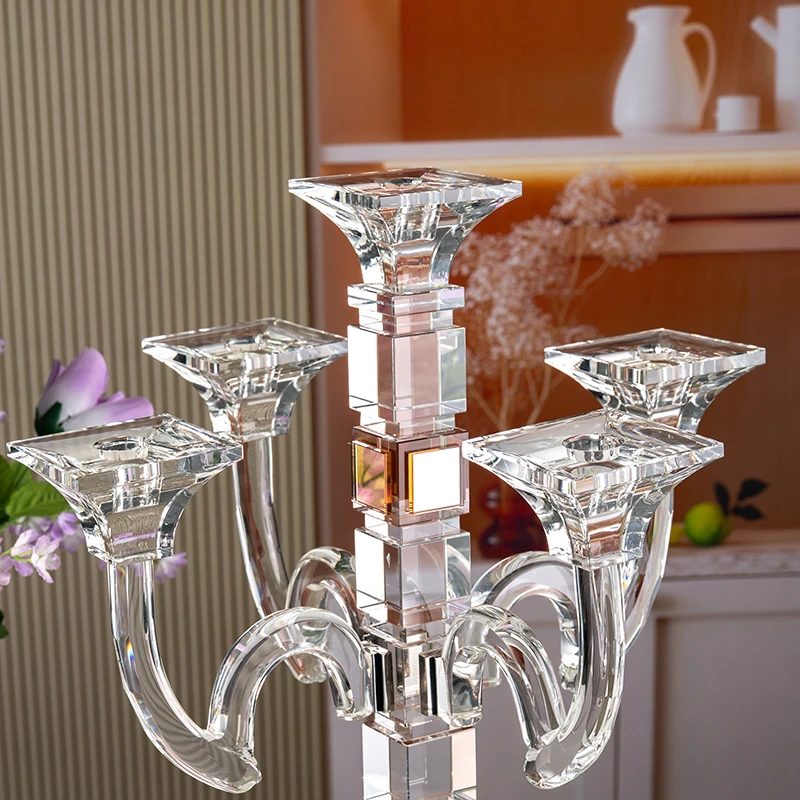 Small Bridge Glass High Long Handle Five Arm Glass Candle Holder Wedding Center Home Decoration Crystal Candlestick