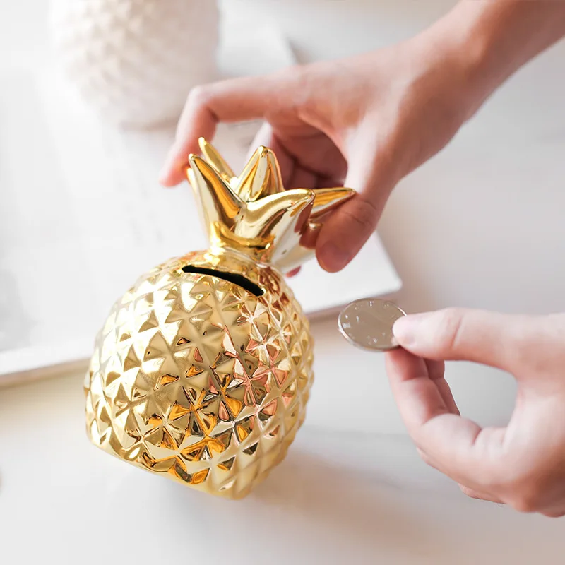 
Оптовая продажа, уникальная забавная копилка для монет, украшение для дома, керамика, золотой ананас, копилка 