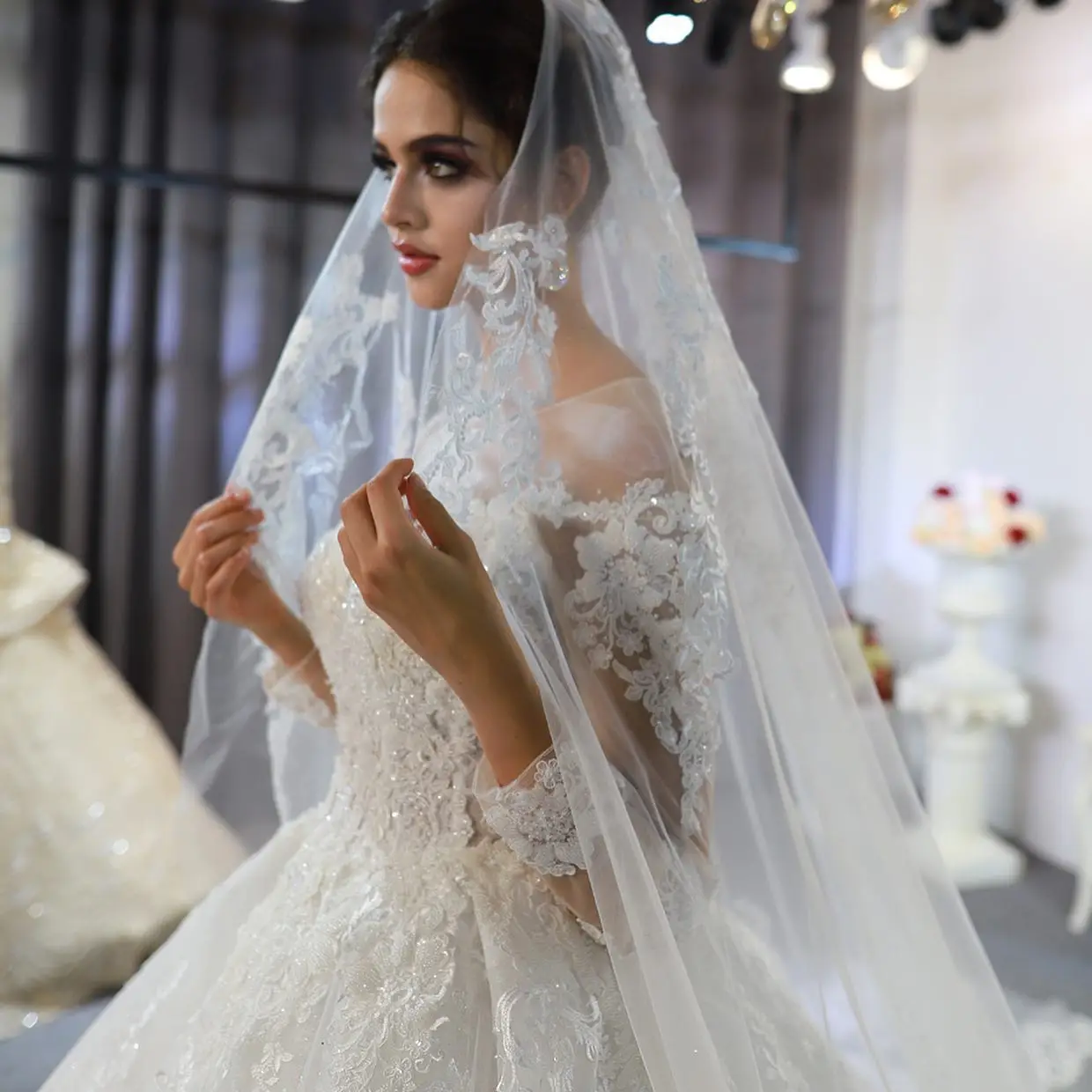 NS3760 Wedding Lace Bridal Stand Collar Long Sleeve Stand Collar Big  Trailing Modest Wedding Dress