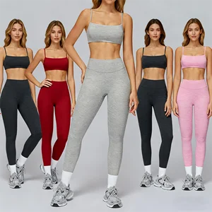 Women Lightweight Active Compression Sports Bra Leggings  Breathable Four-Way Stretch Heather Striped Running Training Yoga Set