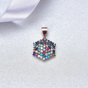Women Daily Wear 925 Sterling Silver Pendants Multi Color Stones Pave Setting 2 Tone Plated Hexagon Gold Pendant