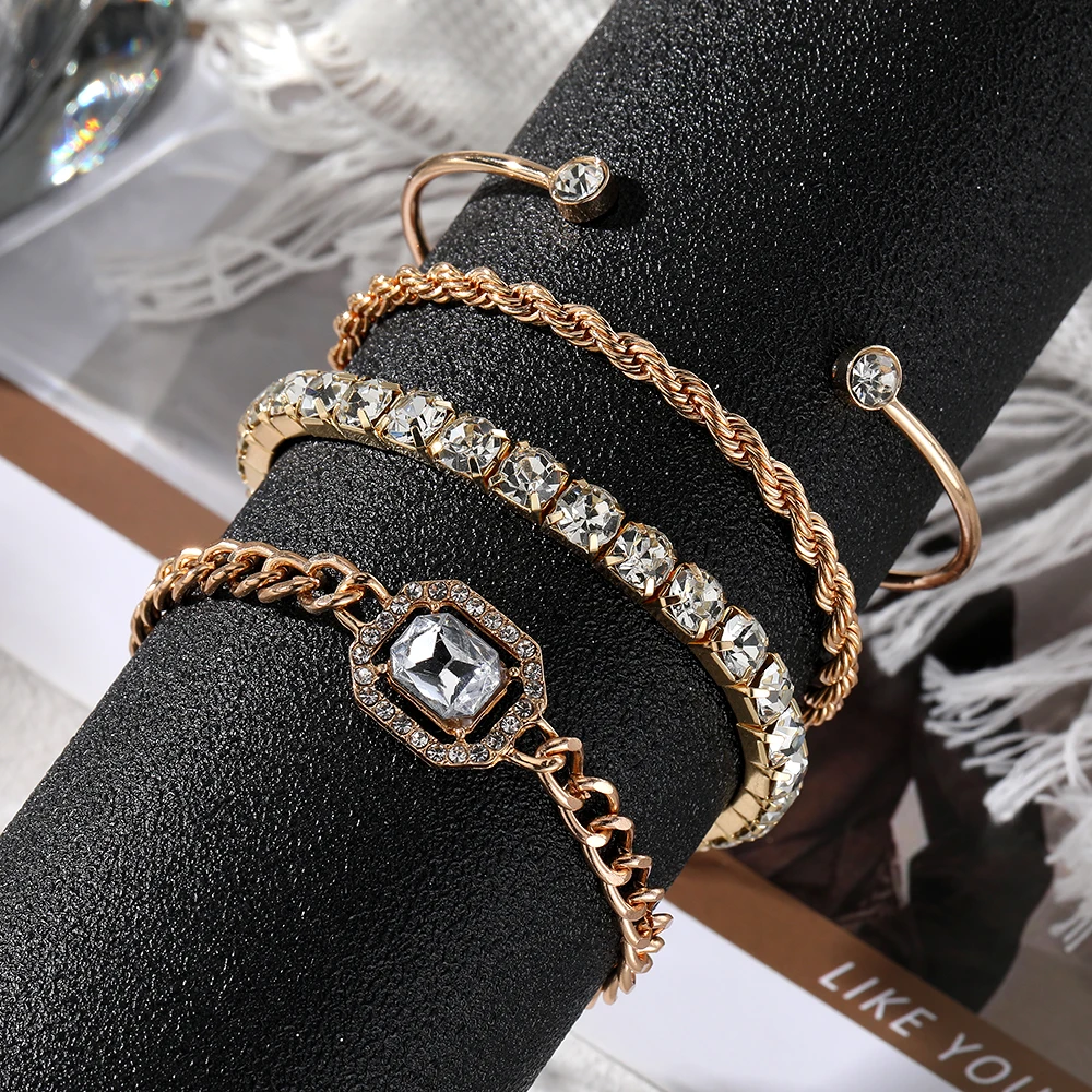KISSWIFE Hot Sell Square Diamond Adjustable Bracelet Bangles Set Charm Gold  Bracelet for Women Jewelry