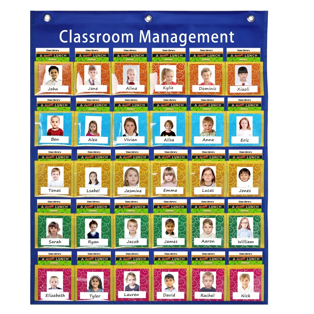 Hanging Wall Classroom Storage Management Pocket Chart With 72pcs Cards