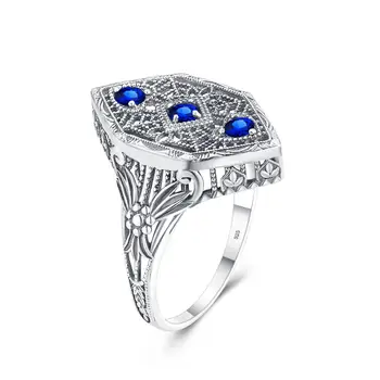 Szjinao Gothic Antique 3 Stone Rings Silver Vintage Women's Gemstone Rings Sterling Silver Flower Sapphire Round Brilliant Cut