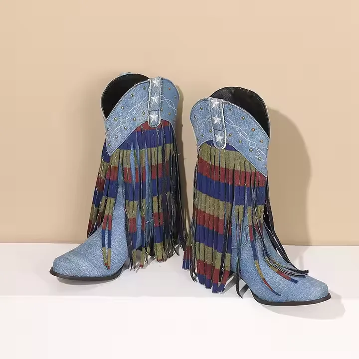 Ladies Calf Boots Size 34-43 Denim Fringe 5cm Block Heel Women Western Boots - Image 5