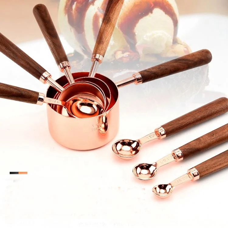 Heavy duty 9 piece stainless steel copper plated rose gold kitchen baking measuring spoon and measuring cup set
