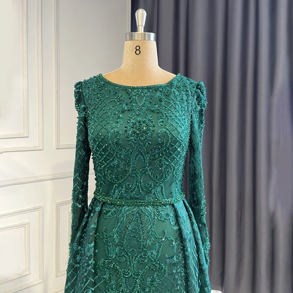 Green O Neck Full Sleeves Beaded Evening Dress for Women