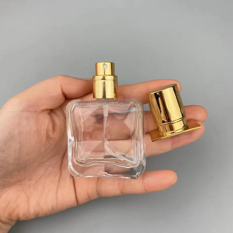 Empty 30ml clear square Shape Transparent Color Gold Lid Fine Mist Spray  Glass Perfume Bottle Screw Cap