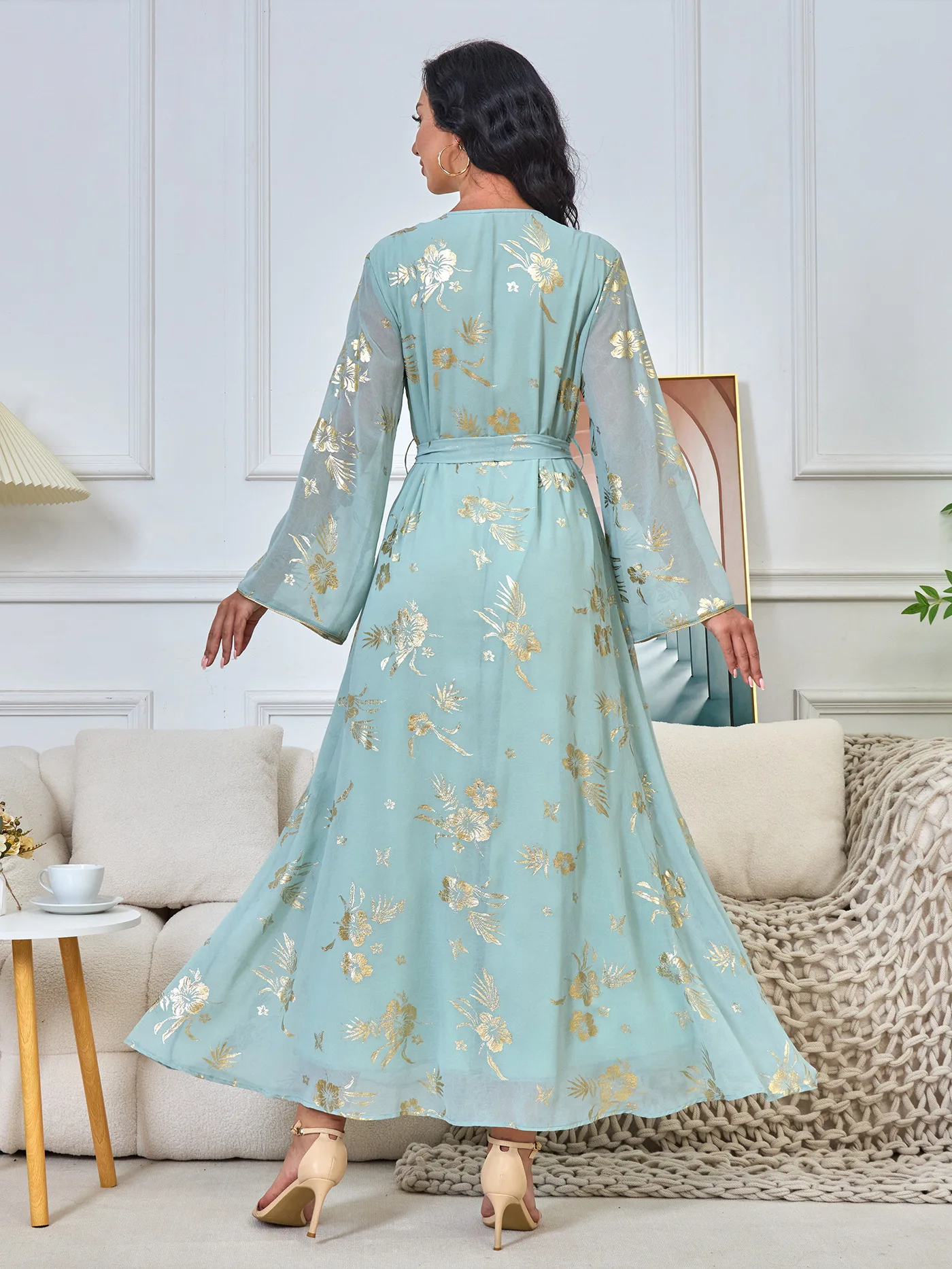 M188 Sky Green Abaya Ladies Maxi Long Floral Dresses Women Muslim Modest  Dress Arabic Women Muslim Dress