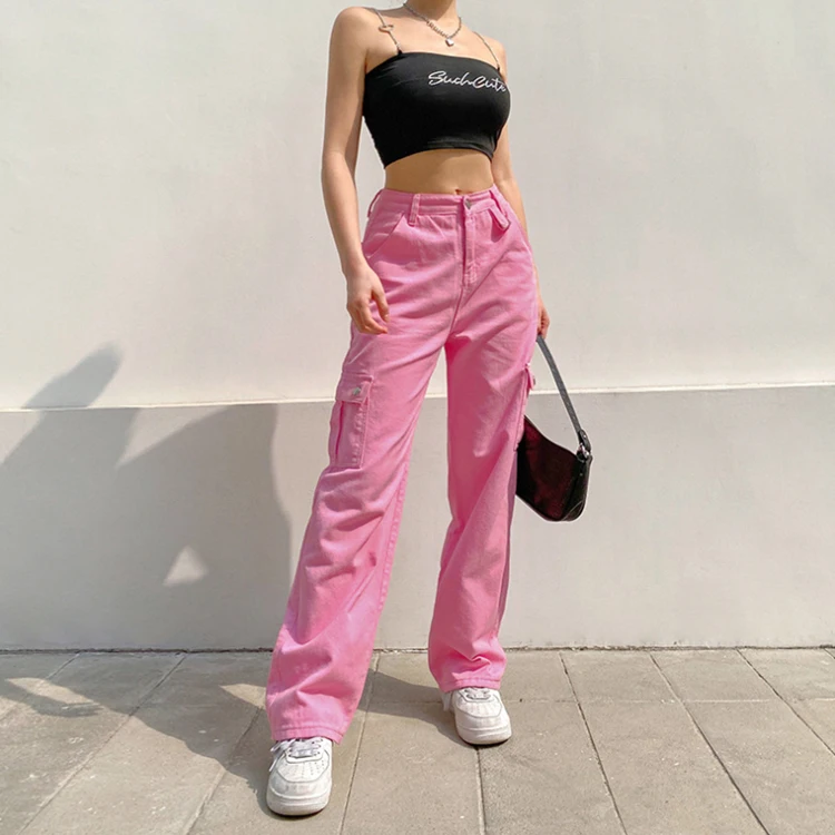 Wholesale Autumn Casual Pink Multiple Pockets Woman Jeans Cargo Pants  Button Ladies Mid Waist Pant Female Straight Trousers With Zipper From  malibabacom