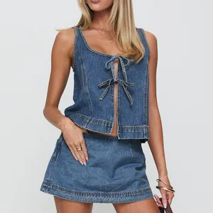 Sexy Denim Two Piece Set Women Slim Sleeveless Lace-Up Tank Top and Mini Skirts Female Summer Fashion Outfits