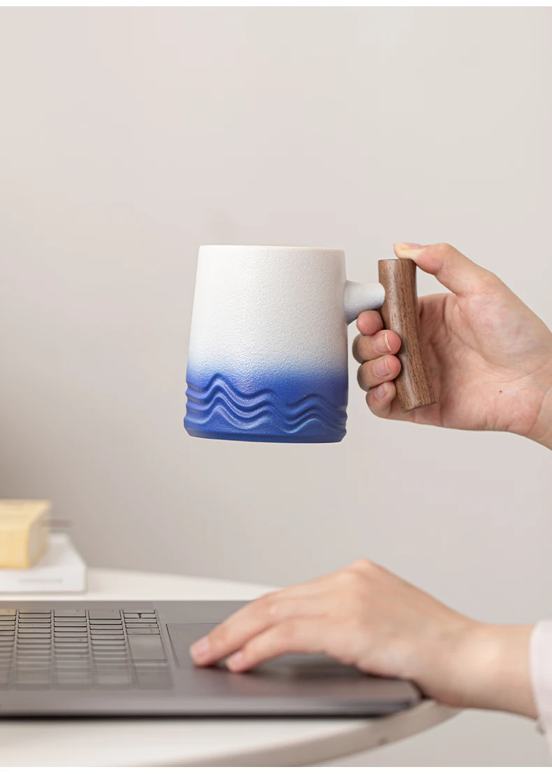 Personalized Sea Wave Office Water Cup with Lid Ceramic Teacup Tea Filter  Style for Coffee or Gifts Customizable Print