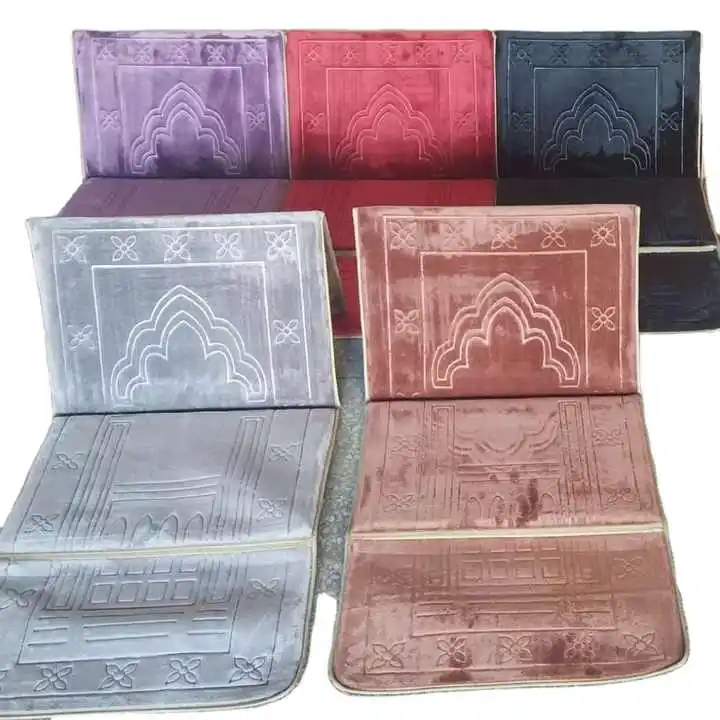 Portable Thick Prayer Mat for Pilgrimage Foldable Muslim Carpet with Embossed Backrest Plain Design Area Rug Set Gift Option