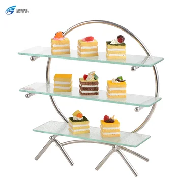 3- Tier Stainless Steel Buffet Dessert Food Display Stand Vintage Thick Glass Cake Snack Rack Catering Equipment For Wedding