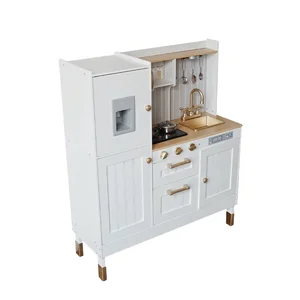 EDULAND White Sound-Light Kitchen Set Wooden Role Play Simulation House for Kids Educational Pretend Activity Box Preschool