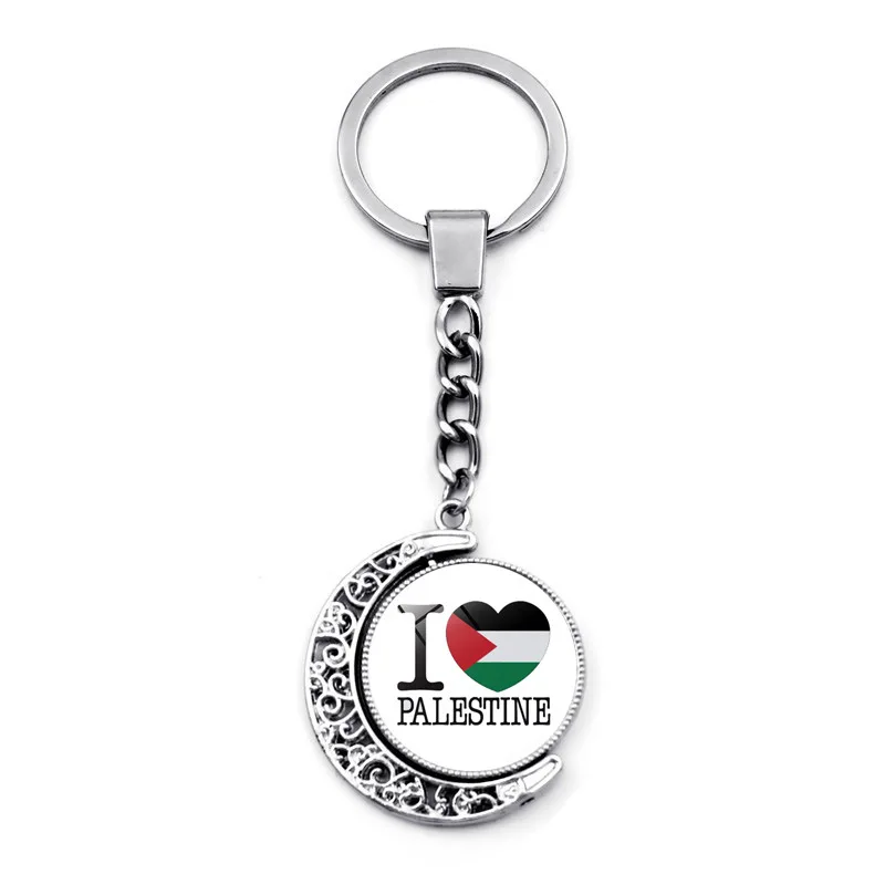 Metal Palestinian Flag Keychain Double Sided Crystal Glass Key Chain Rotating Moon Pendant Palstine Promotion Gift
