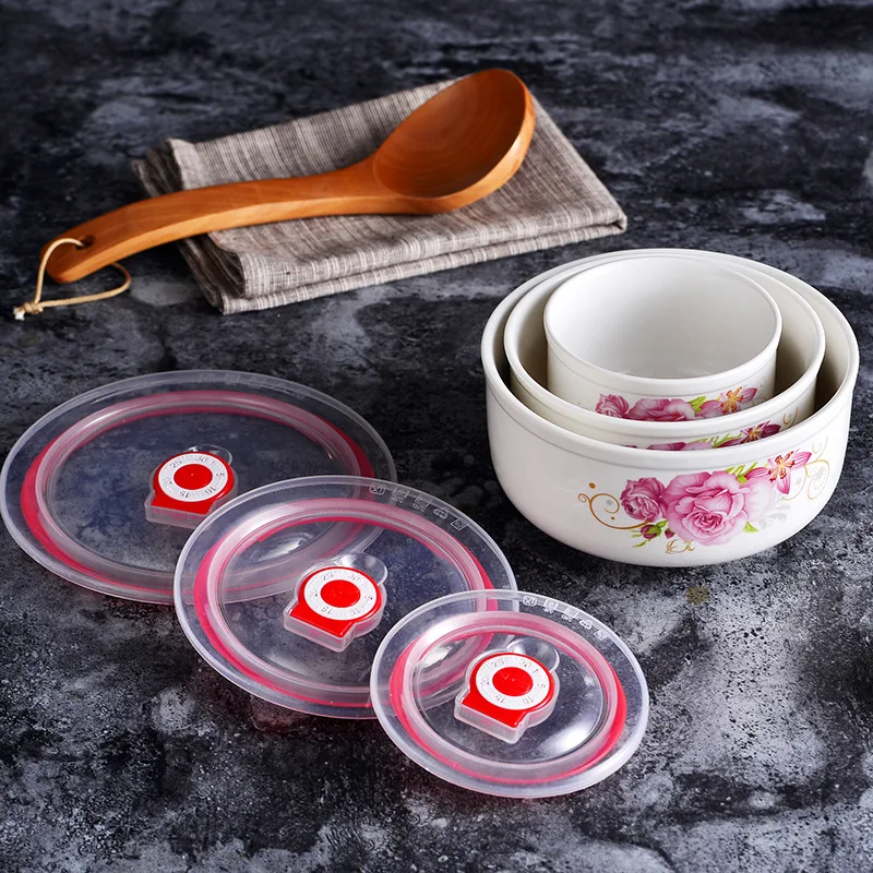 Custom Printed  Ceramic  Bowl 3 Set Microwave Safe Storage Food Container Fruit Serving Fresh Seal Bowls Noodle Bowl with Lid