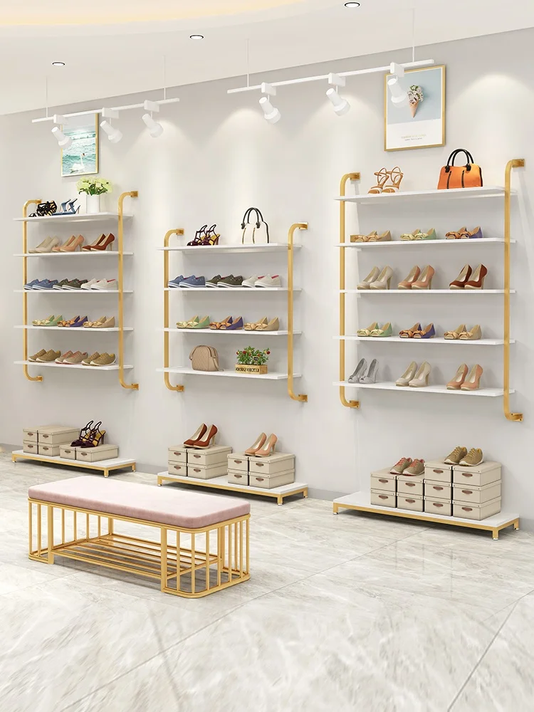Shoe Shop Interior Design Ideas Space Saving Luxury Shoe Store Furniture  Gold Metal Wall Mounted Shoes Display Stand Rack Shelf