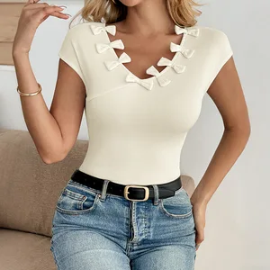 2026 TikTok Summer Hot Sale New Sweet V-neck Knitted Pullover T-shirt Slim Solid Color High-grade Women's Top with Bow
