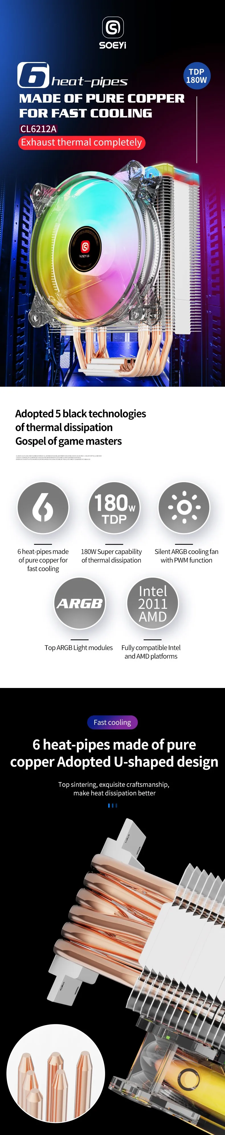 Ventilador Cpu Heat Sink Cpu Cooler With Six Heat Pipe Argb Cooling Fan