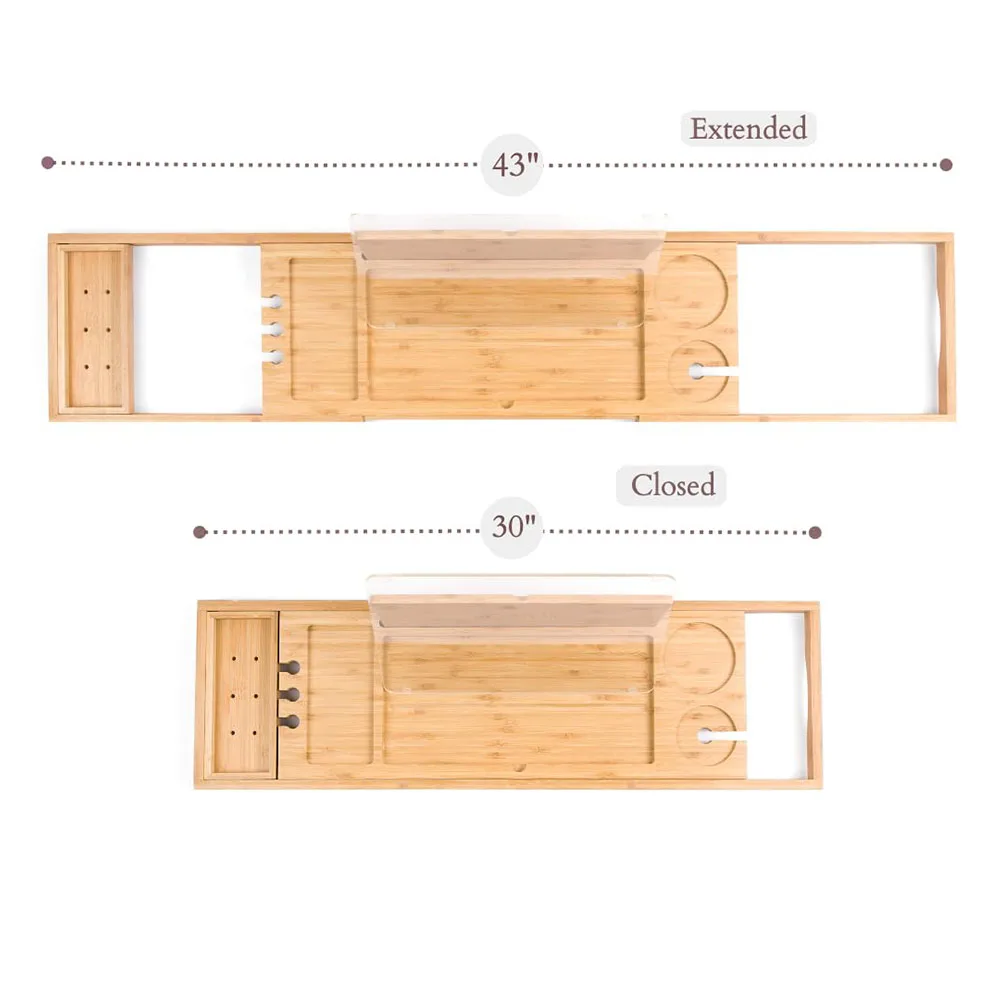 product luxury minimalist bathroom sets extendable bamboo rack  anti slip waterproof wine glass holder with bathhtub tray-10