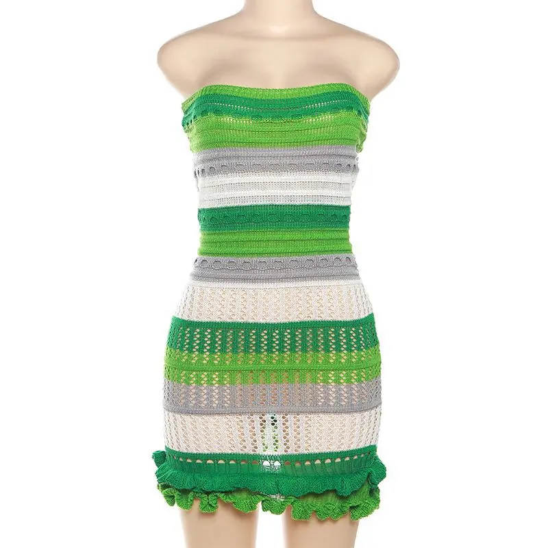 Explosive Models Patchwork Color Sleeveless Tube Knitted Summer Vacation Women Dress Sehe Fashion