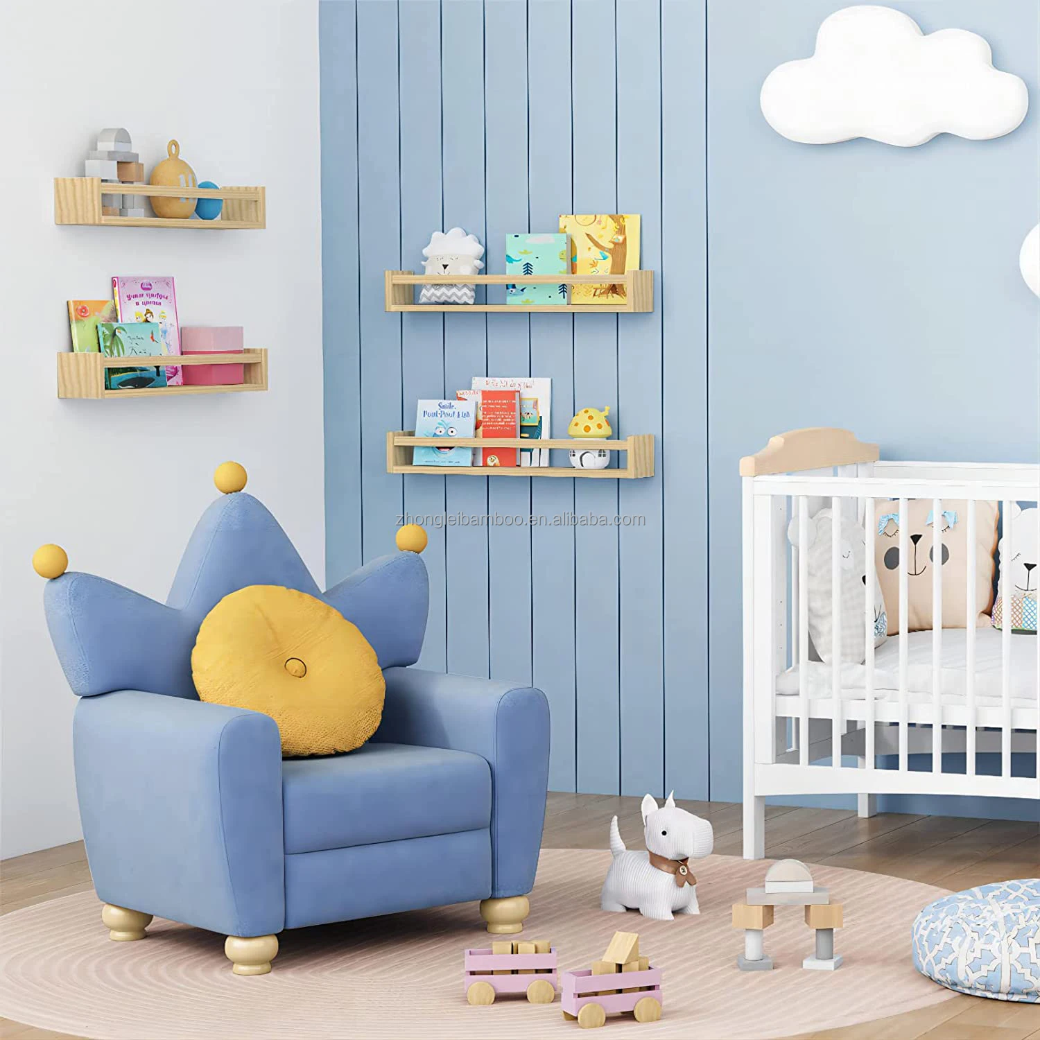 Natural Wood Nursery Bookshelves For Wall 24 Inches Long Floating Book