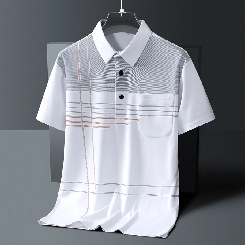 Geometric print breathable casual shirt, wrinkle-resistant, cool to the touch, 95% polyester 5% spandex blend, short-sleeved T-shirt with graphic on the chest.