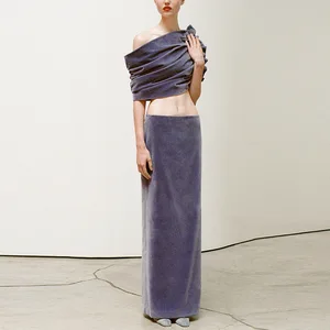 Custom Designer High End Off Shoulder Ruched Crop Top Long Skirt Elegant Purple Velvet Two Piece Skirt Set for Club Party