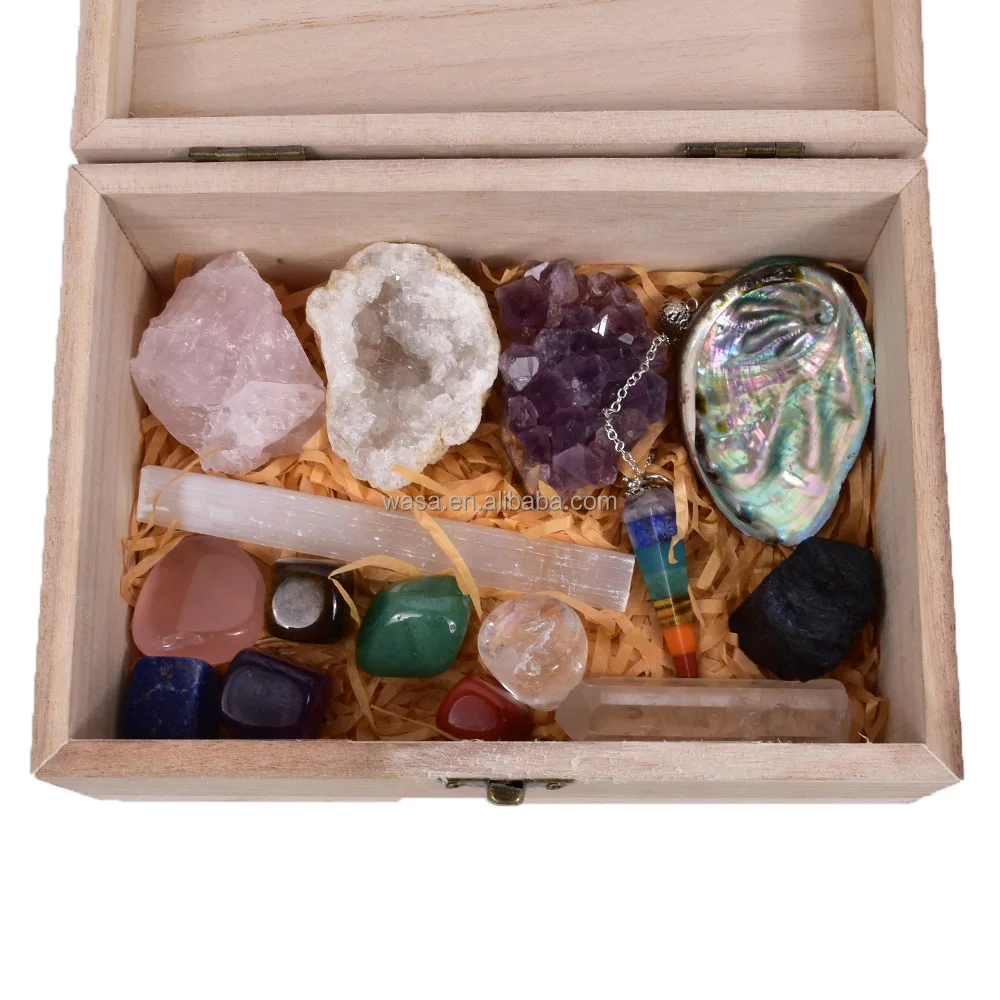 Wholesale Natural Crystal Gravel Healing Stone Wooden Box Set Charm 7 ...