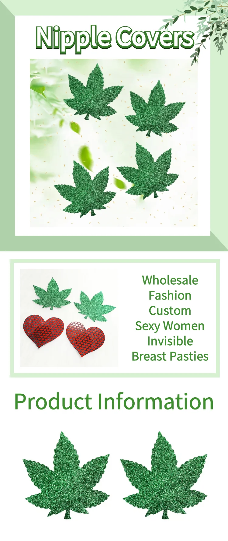 Kaya Fashion Custom Green Glitter Leaf Disposable Sexy Nipple Pasties Women Invisible Breast