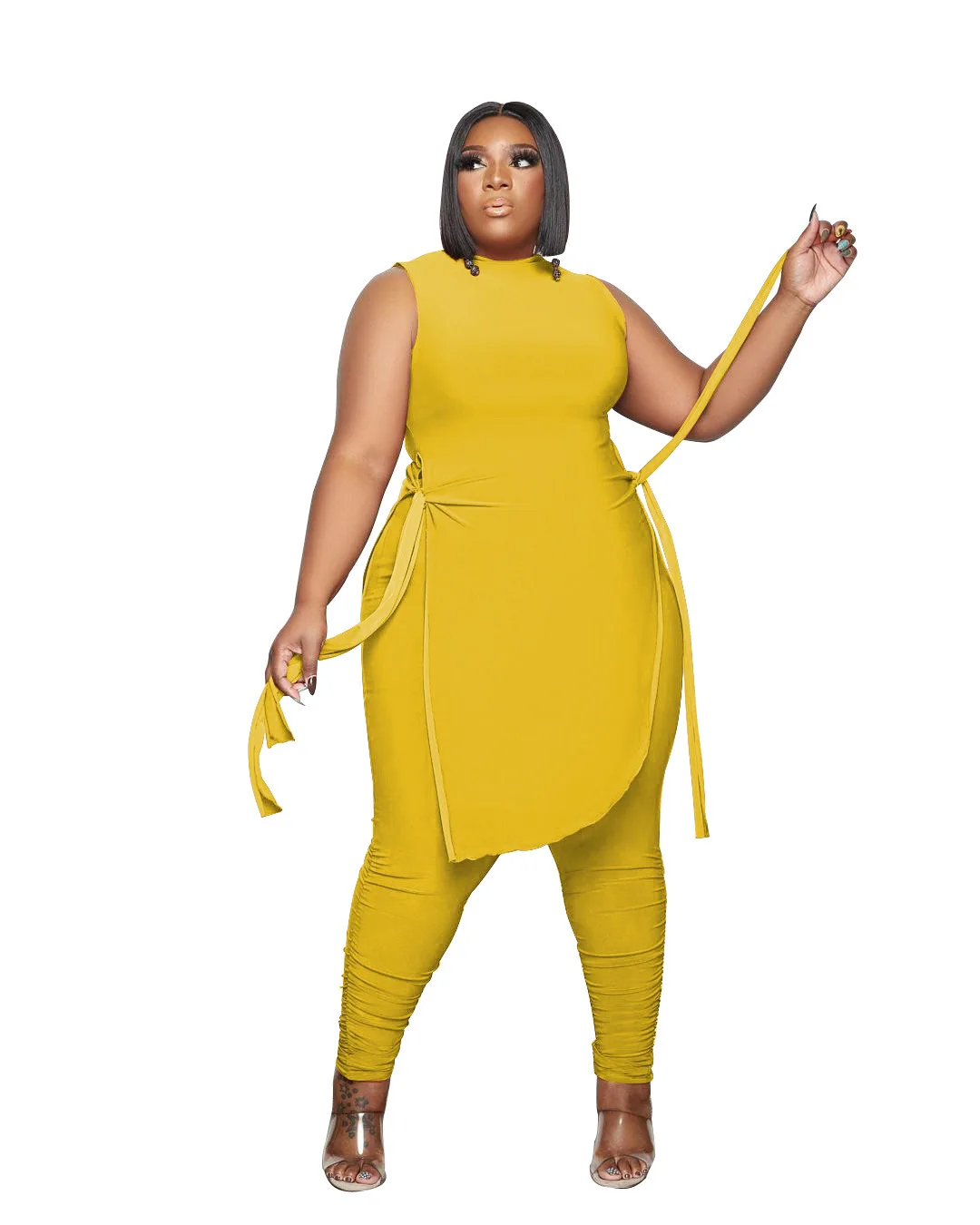 Plus Size Women Clothing Irregular Lace Up Blouse With Pleated Trousers Lounge Wear Sets Two