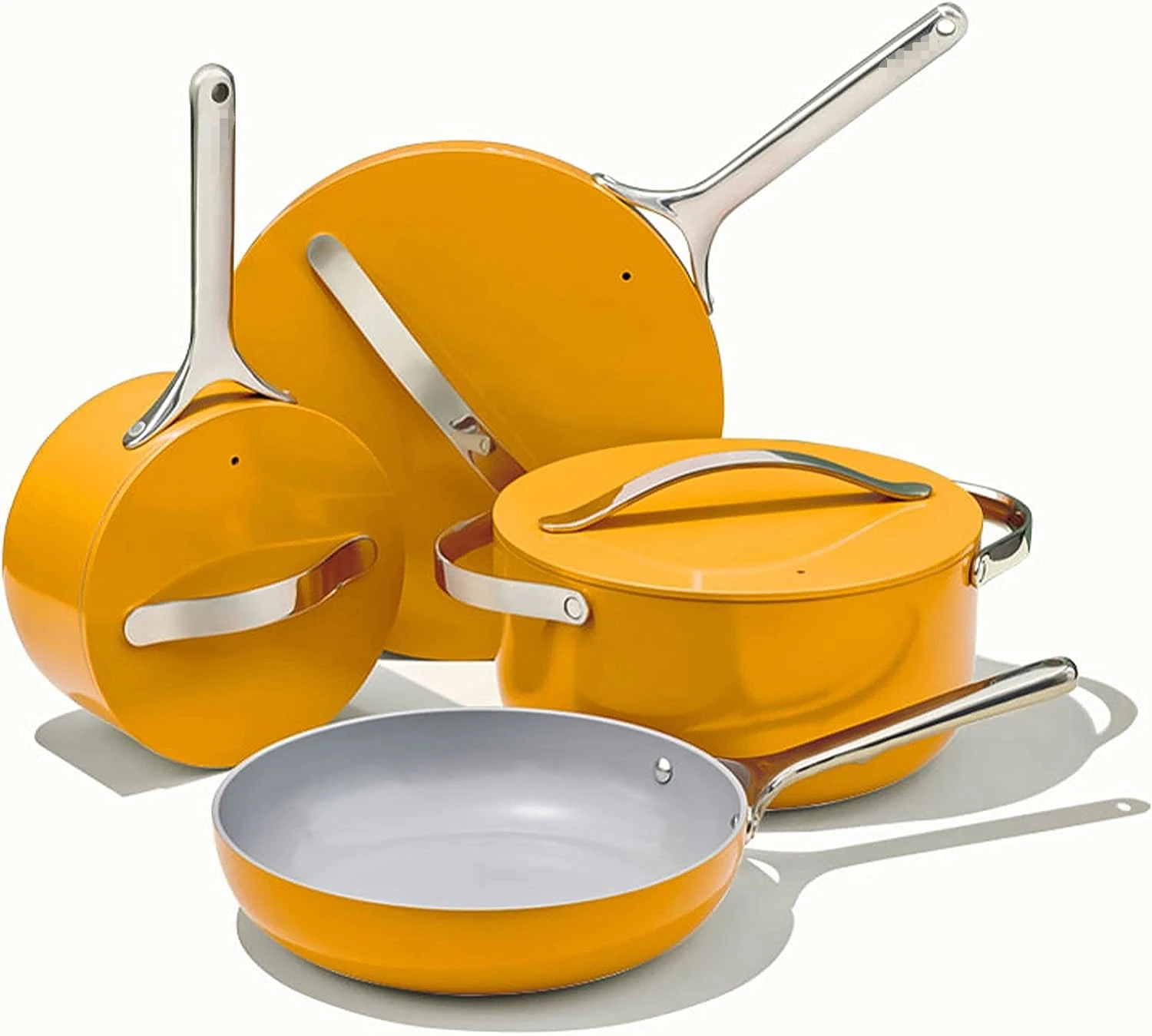 High Quality Yellow Color Press  Ceramic Non Stick Coating  Aluminium Utensils Kitchen Set With Stainless Steel Handle