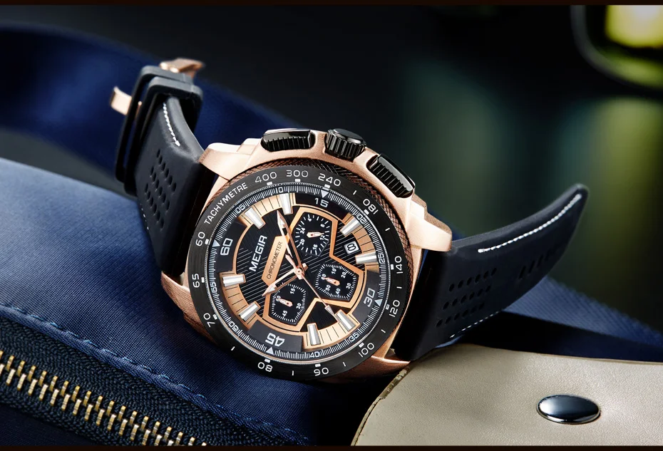 Megir 2056 Multi-function Chronograph Quartz Movement Luxury Black Men's Wristwatch Sports Silicone Fashion Watch Quartz Watches