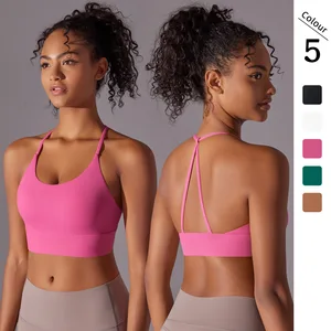 Double Sided Breathable High Support Nylon Sports Bra for Women Cross Back Solid Color Strappy Activewear Running Yoga Gym