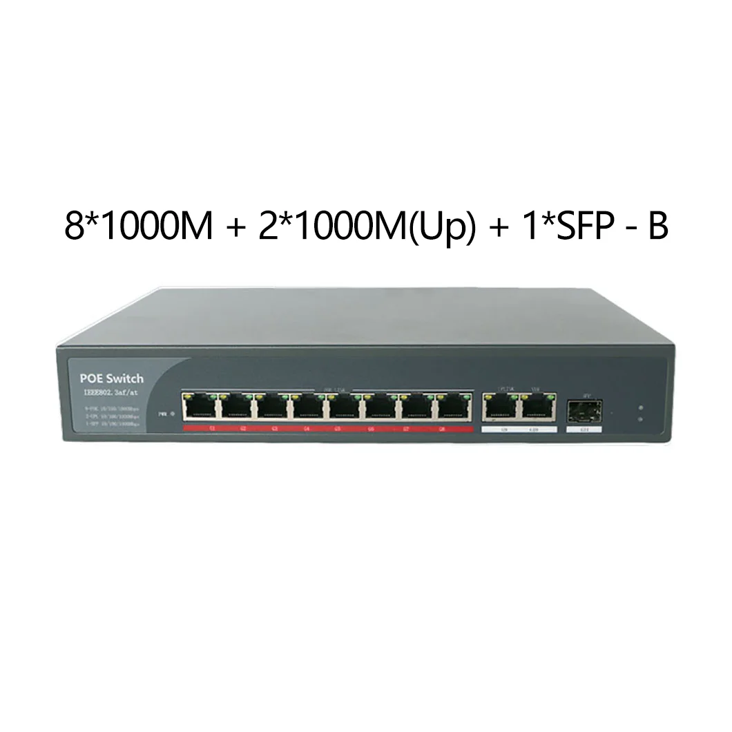 8 Port POE 交换机 802.3af/at Ethernet 8*100Mbps+2*1000Mbps Uplink RJ45+1*SFP Rack Gigabit Network 48V 120W 6