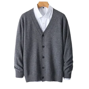 2026 Custom Men's Mandarin Collar Cashmere Sweater Business Cardigan Zipper Closure Knitted Anti-Pilling Breathable Spring